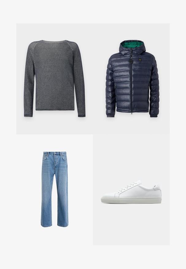 Marineblå puffer-jakke med hette, quiltet design, grønn innvendig, glidelås-lukking og sidelommer. Har en merket lapp på brystet.; Marinblå genser med lange ermer laget av strukturert strikket stoff. Har rund hals og forsterket søm på skuldrene.; Lys blå denimjeans med rett ben-design, fem lommer, knappeåpning, minimal falming og kontrasterende sømdetaljer.; Hvit sneakers med en glatt skinnoverdel og lav profil. Har en rund tå, seks snøring hull, og en teksturert gummisåle.