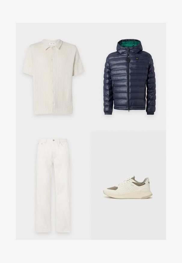 Navy puffer jacket with a hood, stitched design, green interior, zip closure, and side pockets. Features a branded tag on the chest.; Short-sleeve, button-up shirt in light beige with a textured ribbed pattern and a classic collar. Made of soft, breathable fabric.; White denim jeans with a straight leg, button and zipper closure, five-pocket design, and no visible patterns or accents.; White and light beige athletic sneaker, featuring a mesh upper, perforated detailing, and a textured midsole with branding on the heel.