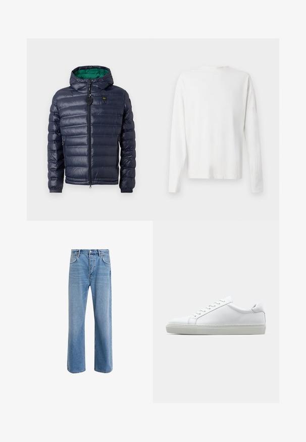 Doudoune navy avec capuche, design matelassé, intérieur vert, fermeture éclair et poches latérales. Présente une étiquette de marque sur la poitrine.; Chemise en coton blanc à manches longues avec un col rond, fentes latérales en bas et une texture lisse, présentée de dos.; Jeans en denim bleu clair avec une coupe droite, cinq poches, fermeture à bouton, peu d'usure et des détails de couture contrastés.; Sneaker blanche avec une tige en cuir lisse et un profil bas. Présente un bout arrondi, six œillets et une semelle en caoutchouc texturé.