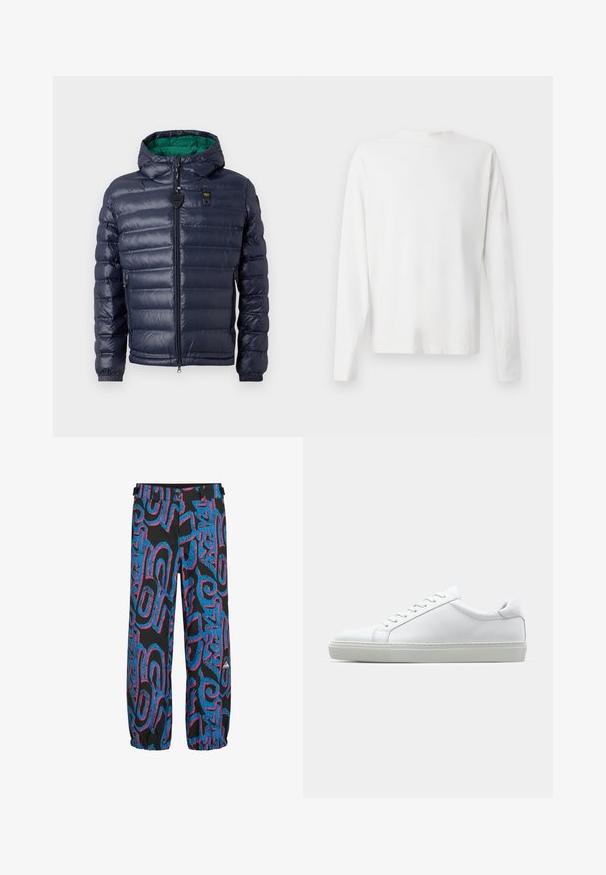 Marineblaue Puffjacke mit Kapuze, gestepptem Design, grüner Innenausstattung, Reißverschluss und seitlichen Taschen. Mit einem Markenetikett auf der Brust.; Langärmliges weißes Baumwollhemd mit rundem Ausschnitt, seitlichen Schlitzen am unteren Rand und glatter Textur, von hinten präsentiert.; Schwarze Hose mit leuchtend blauen und pinken abstrakten Mustern. Verfügt über elastische Bündchen und einen Bund mit zwei verstellbaren Riemen und Knöpfen.; Weißer Sneaker mit glattem Lederobermaterial und niedrigem Profil. Verfügt über eine runde Zehenpartie, sechs Ösen und eine strukturierte Gummisohle.