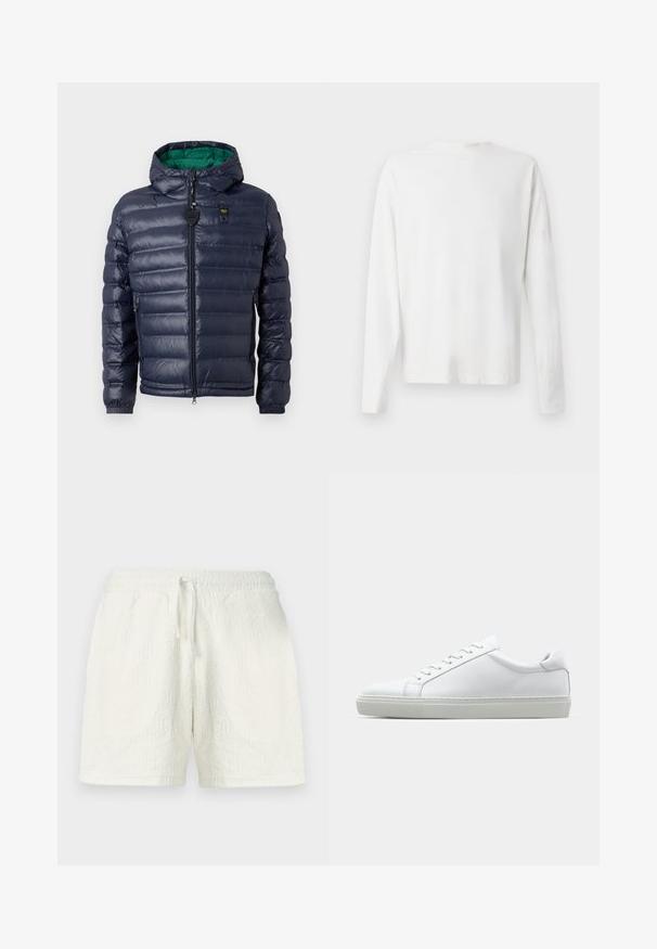 Navy puffer jacket with a hood, stitched design, green interior, zip closure, and side pockets. Features a branded tag on the chest.; Long-sleeved white cotton shirt with a round neckline, side slits at the bottom, and a smooth texture, displayed from the back.; White shorts made from textured fabric featuring a geometric pattern. Elastic waistband with drawstring for adjustable fit.; White sneaker with a smooth leather upper and a low profile. Features a rounded toe, six eyelets, and a textured rubber sole.