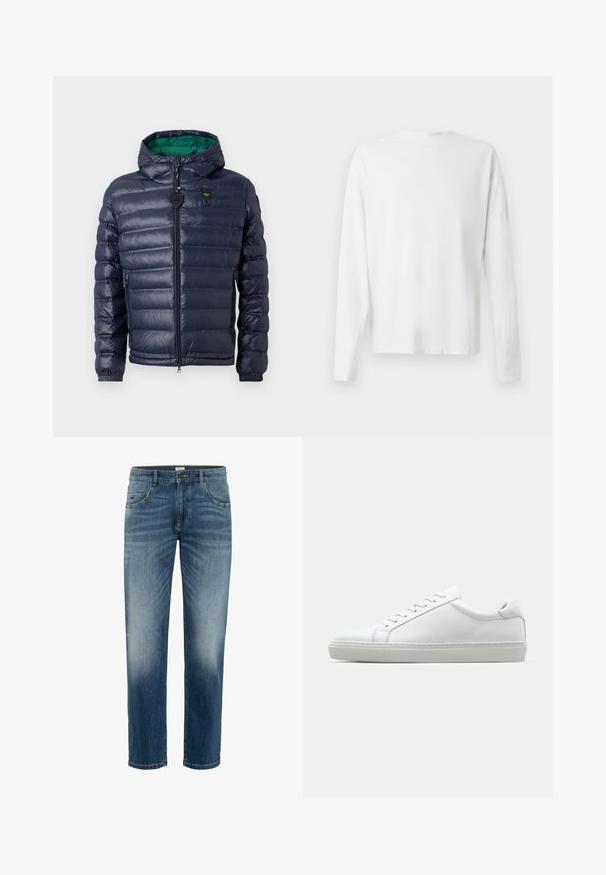 Mørkeblå pufferjakke med hætte, syet design, grøn inderside, lynlås lukning og sidelommer. Har et mærketag på brystet.; Langærmet hvid bomulds skjorte med rund halsudskæring, sideslids i bunden og en glat overflade, vist bagfra.; Blå jeans lavet af denim. Lige ben design, mellemhøj talje, blegningsdetaljer, kontrasterende syninger, samt fem lommer til opbevaring.; Hvide sneakers med en glat læderoverdel og lav profil. Har en rund tå, seks snørehuller og en tekstureret gummisål.