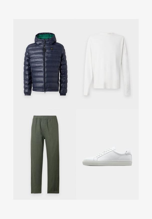 Chaqueta acolchada navy con capucha, diseño cosido, interior verde, cierre de cremallera y bolsillos laterales. Presenta una etiqueta con marca en el pecho.; Camisa de algodón blanca de manga larga con cuello redondo, aberturas laterales en la parte inferior y una textura suave, exhibida desde la parte de atrás.; Pantalones de lino ligeros de color verde oscuro con cintura elástica y piernas rectas. Presentan una tapeta frontal sin bolsillos visibles.; Zapatilla blanca con parte superior de cuero liso y perfil bajo. Presenta una puntera redondeada, seis ojales y una suela de goma texturizada.