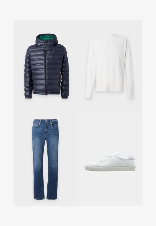 Navy puffer jacket with a hood, stitched design, green interior, zip closure, and side pockets. Features a branded tag on the chest.; Long-sleeved white cotton shirt with a round neckline, side slits at the bottom, and a smooth texture, displayed from the back.; Dark blue denim jeans with a straight leg design, five-pocket style, and contrast stitching. Features a button and zipper closure.; White sneaker with a smooth leather upper and a low profile. Features a rounded toe, six eyelets, and a textured rubber sole.