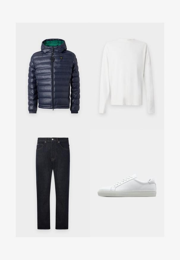 Giacca puffer blu navy con cappuccio, design cucito, interno verde, chiusura con zip e tasche laterali. Presenta un'etichetta con logo sul petto.; Camicia bianca in cotone a maniche lunghe con scollatura rotonda, spacchi laterali in fondo e una texture liscia, mostrata da dietro.; Jeans in denim blu scuro con design a gamba dritta, dotati di cinque tasche, cuciture arancioni a contrasto e chiusura con bottone in vita.; Sneaker bianco con tomaia in pelle liscia e profilo basso. Presenta una punta arrotondata, sei occhielli e una suola in gomma testurizzata.