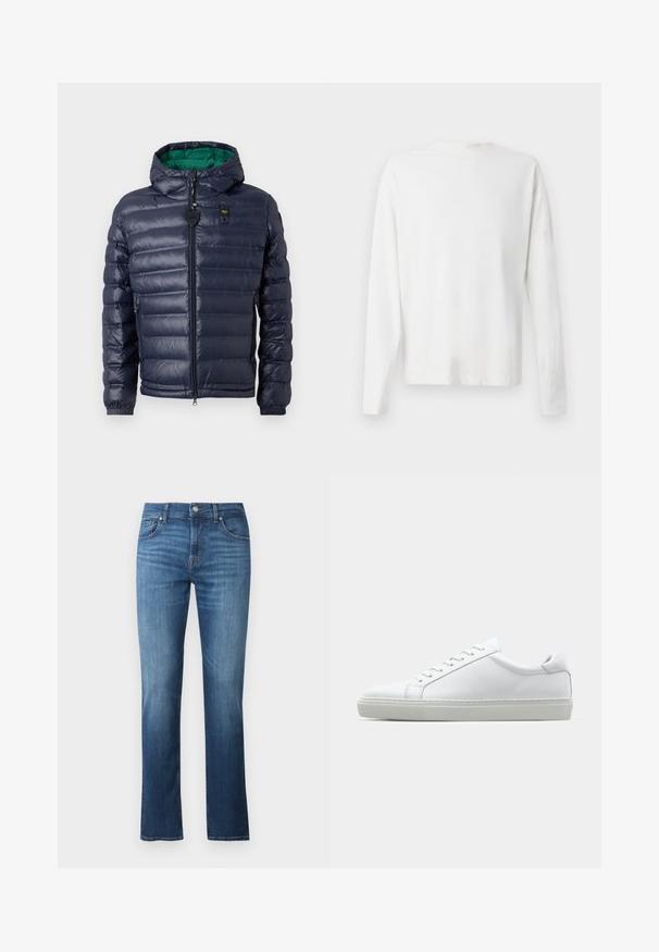 Doudoune navy avec capuche, design matelassé, intérieur vert, fermeture éclair et poches latérales. Présente une étiquette de marque sur la poitrine.; Chemise en coton blanc à manches longues avec un col rond, fentes latérales en bas et une texture lisse, présentée de dos.; Jean en denim bleu avec une coupe droite, présentant une taille mi-haute, cinq poches et une texture lisse. Décoloration subtile et coutures contrastées.; Sneaker blanche avec une tige en cuir lisse et un profil bas. Présente un bout arrondi, six œillets et une semelle en caoutchouc texturé.