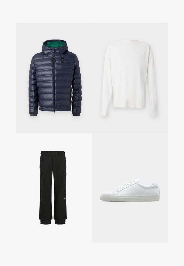 Doudoune navy avec capuche, design matelassé, intérieur vert, fermeture éclair et poches latérales. Présente une étiquette de marque sur la poitrine.; Chemise en coton blanc à manches longues avec un col rond, fentes latérales en bas et une texture lisse, présentée de dos.; Pantalons cargo noirs avec une coupe ample, fabriqués en tissu durable. Les caractéristiques comprennent des poches zippées, des poignets élastiques et un patch logo.; Sneaker blanche avec une tige en cuir lisse et un profil bas. Présente un bout arrondi, six œillets et une semelle en caoutchouc texturé.