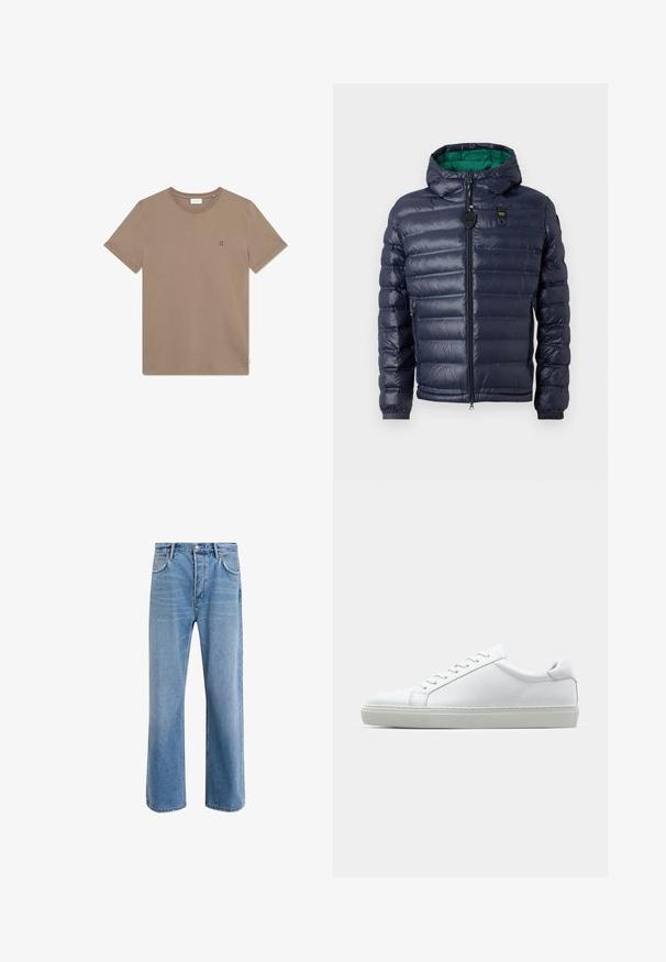 Casaco puffer azul-marinho com capuz, design acolchoado, interior verde, fecho de zip e bolsos laterais. Apresenta uma etiqueta da marca no peito.; T-shirt de algodão castanho com gola redonda, mangas curtas e um pequeno logótipo vermelho "II" no peito. Design simples e textura suave.; Calças de ganga azul claro com um design de perna reta, cinco bolsos, fecho de botão, desgaste mínimo e detalhes de costura em contraste.; Sapatilha branca com um cabedal em couro liso e de perfil baixo. Apresenta um bico redondo, seis ilhoses e uma sola de borracha texturizada.