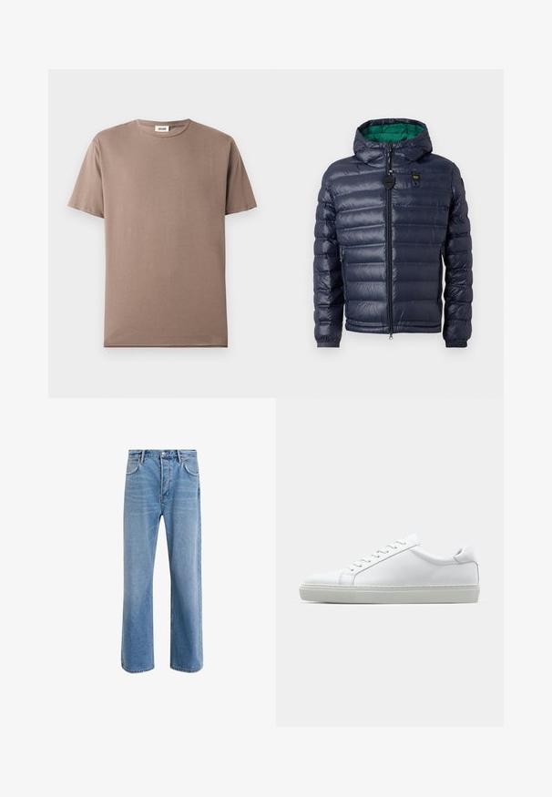 Navy puffer jacket with a hood, stitched design, green interior, zip closure, and side pockets. Features a branded tag on the chest.; Short-sleeve t-shirt in brown cotton, featuring a round neckline and a lightweight, smooth texture. No visible patterns or hardware.; Light blue denim jeans with a straight-leg design, five pockets, button closure, minimal fading, and contrasting stitching details.; White sneaker with a smooth leather upper and a low profile. Features a rounded toe, six eyelets, and a textured rubber sole.