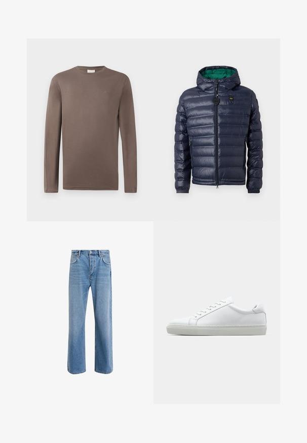 Tumesinine puffer-jakk, millel on kapuuts, tikandiga disain, rohelise sisevoodriga, lukuga ees ja küljetaskud. Rinnal on brändi silt.; Pika pika käistega pruun puuvillane T-särk ümmarguse kaelusega; peal on väike logo rinnal ja see on sileda, kerge tekstuuriga.; Heledad sinine teksapüksid otse lõikega, viie taskuga, nupuga sulgemine, minimaalne kulumine ja kontrastsed õmbluse detailid.; Valge tennisetoss, millel on sile nahk pealis ja madal profiil. Omab ümarat ninaosa, kuut silmust ja tekstuuriga kummist talda.