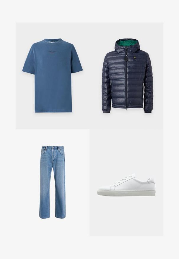 Navy puffer jacket with a hood, stitched design, green interior, zip closure, and side pockets. Features a branded tag on the chest.; Blue cotton t-shirt with a crew neckline, short sleeves, and subtle text design in darker shades. Simple, relaxed fit, no patterns.; Light blue denim jeans with a straight-leg design, five pockets, button closure, minimal fading, and contrasting stitching details.; White sneaker with a smooth leather upper and a low profile. Features a rounded toe, six eyelets, and a textured rubber sole.
