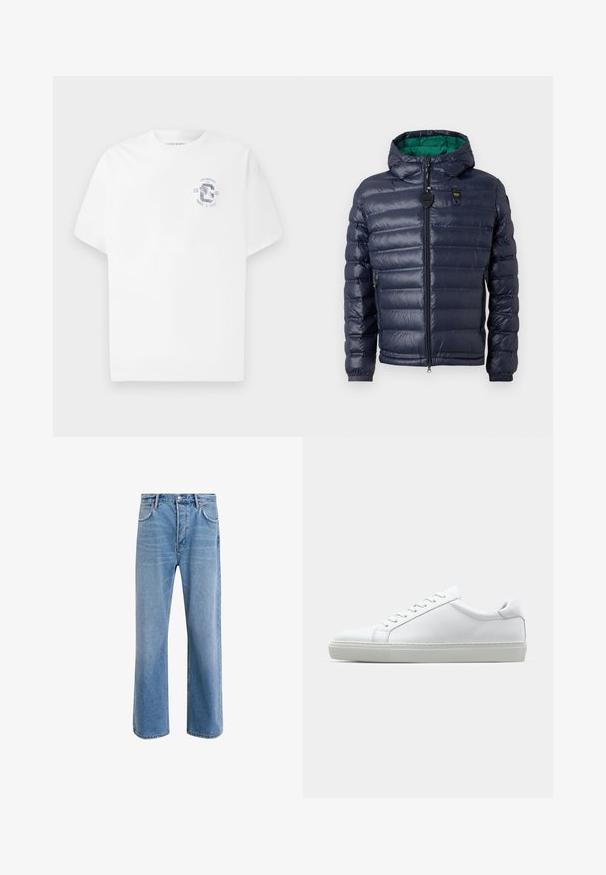 Giacca puffer blu navy con cappuccio, design cucito, interno verde, chiusura con zip e tasche laterali. Presenta un'etichetta con logo sul petto.; T-shirt bianco a maniche corte con collo rotondo e piccolo grafico blu sul petto a sinistra che recita "Los Angeles CA 1981 Track & Field".; Jeans in denim blu chiaro con design a gamba dritta, cinque tasche, chiusura con bottone, leggero sbiadimento e dettagli di cucitura a contrasto.; Sneaker bianco con tomaia in pelle liscia e profilo basso. Presenta una punta arrotondata, sei occhielli e una suola in gomma testurizzata.