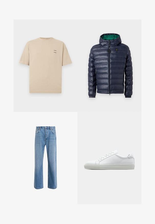 Marinblå pufferjacka med huva, stickad design, grön insida, dragkedjestängning och sidofickor. Har en märkesetikett på bröstet.; Beige bomulls t-shirt med rund halsringning och korta ärmar. Har en liten textlogotyp på övre vänstra sidan. Enkelt och ograrsrt design.; Ljust blå denimjeans med rak passform, fem fickor, knappstängning, minimal blekning och kontrasterande sömdetaljer.; Vit sneaker med en slät läderövre och låg profil. Har en rundad tå, sex snörhål och en strukturerad gummisula.