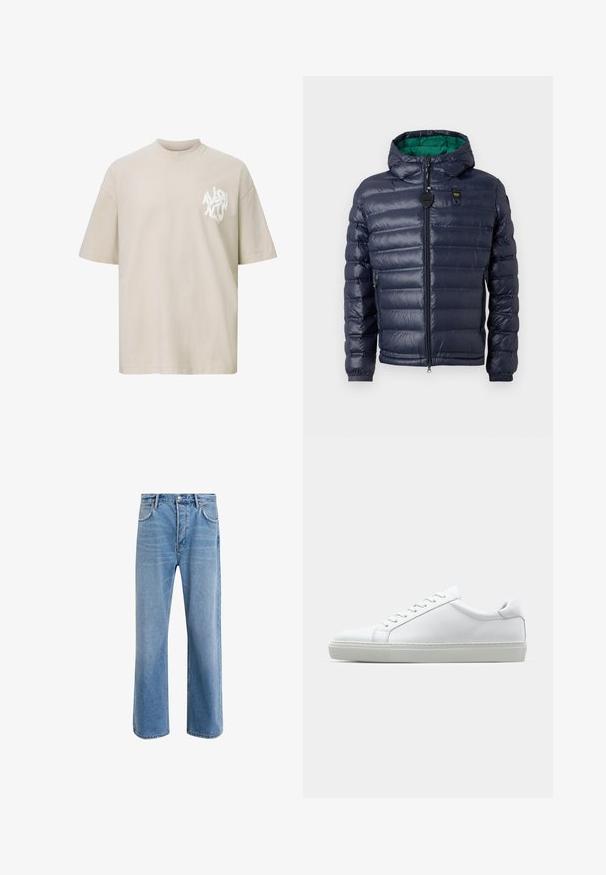 Chaqueta acolchada navy con capucha, diseño cosido, interior verde, cierre de cremallera y bolsillos laterales. Presenta una etiqueta con marca en el pecho.; Camiseta beige de gran tamaño con mangas cortas y un logo de texto abstracto blanco en el área del pecho izquierdo.; Jeans de mezclilla azul claro con un diseño de pierna recta, cinco bolsillos, cierre de botón, ligeramente desgastados y detalles de costura en contraste.; Zapatilla blanca con parte superior de cuero liso y perfil bajo. Presenta una puntera redondeada, seis ojales y una suela de goma texturizada.