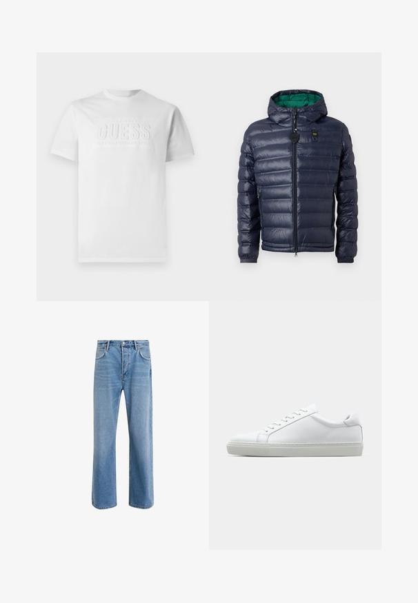 Navy puffer jacket with a hood, stitched design, green interior, zip closure, and side pockets. Features a branded tag on the chest.; White cotton t-shirt with a crew neck, featuring a textured logo in the center that reads "GUESS EST. 1981 CLASSIC AMERICAN STYLE."; Light blue denim jeans with a straight-leg design, five pockets, button closure, minimal fading, and contrasting stitching details.; White sneaker with a smooth leather upper and a low profile. Features a rounded toe, six eyelets, and a textured rubber sole.
