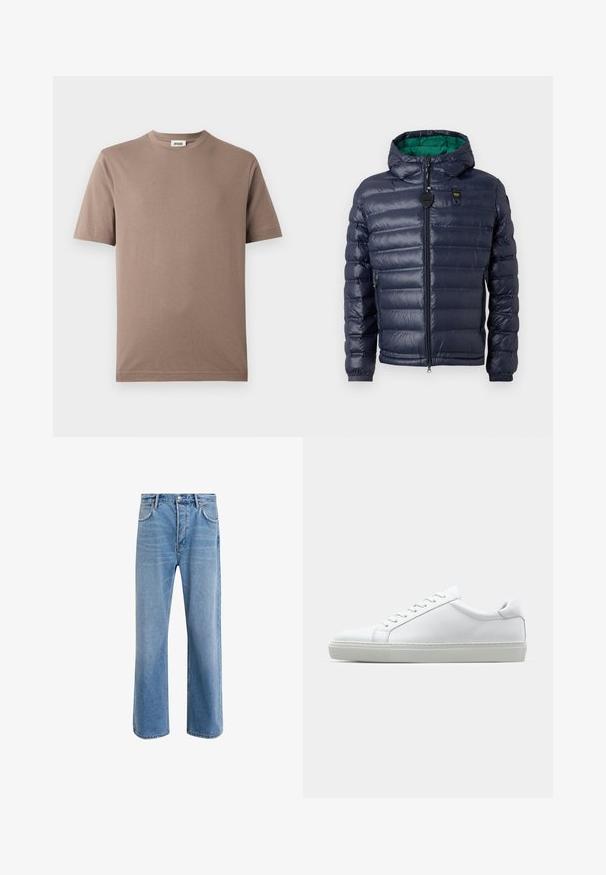 Giacca puffer blu navy con cappuccio, design cucito, interno verde, chiusura con zip e tasche laterali. Presenta un'etichetta con logo sul petto.; T-shirt in cotone marrone con collo rotondo e maniche corte. Tessuto liscio, design semplice e orlo dritto. Nessun motivo o decorazione visibile.; Jeans in denim blu chiaro con design a gamba dritta, cinque tasche, chiusura con bottone, leggero sbiadimento e dettagli di cucitura a contrasto.; Sneaker bianco con tomaia in pelle liscia e profilo basso. Presenta una punta arrotondata, sei occhielli e una suola in gomma testurizzata.