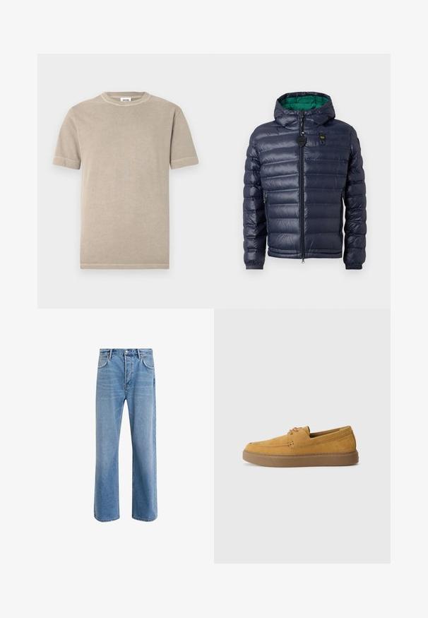 Marinblå pufferjacka med huva, stickad design, grön insida, dragkedjestängning och sidofickor. Har en märkesetikett på bröstet.; Beige bomulls-t-shirt med korta ärmar och rund halsringning. Har synliga sömmar längs ärmar och fåll. Enkel, slät struktur.; Ljust blå denimjeans med rak passform, fem fickor, knappstängning, minimal blekning och kontrasterande sömdetaljer.; Bruna mockakängor utan snörning med en strukturerad yta, rund tå och kontrasterande gummisula. Har diskret branding nära hälen.