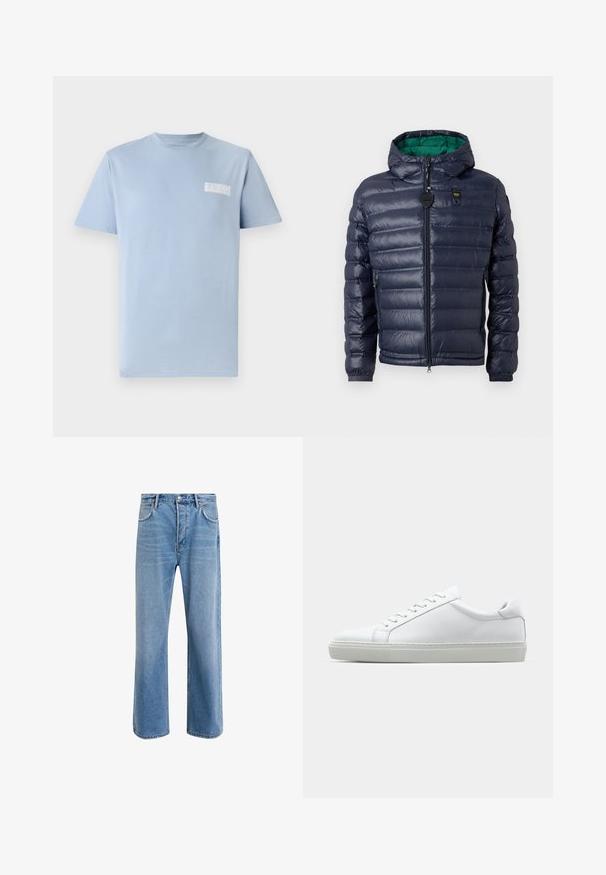 Navy puffer jacket with a hood, stitched design, green interior, zip closure, and side pockets. Features a branded tag on the chest.; Light blue cotton T-shirt with a crew neckline and short sleeves; features a small white "GUESS" logo on the left chest. Smooth texture.; Light blue denim jeans with a straight-leg design, five pockets, button closure, minimal fading, and contrasting stitching details.; White sneaker with a smooth leather upper and a low profile. Features a rounded toe, six eyelets, and a textured rubber sole.