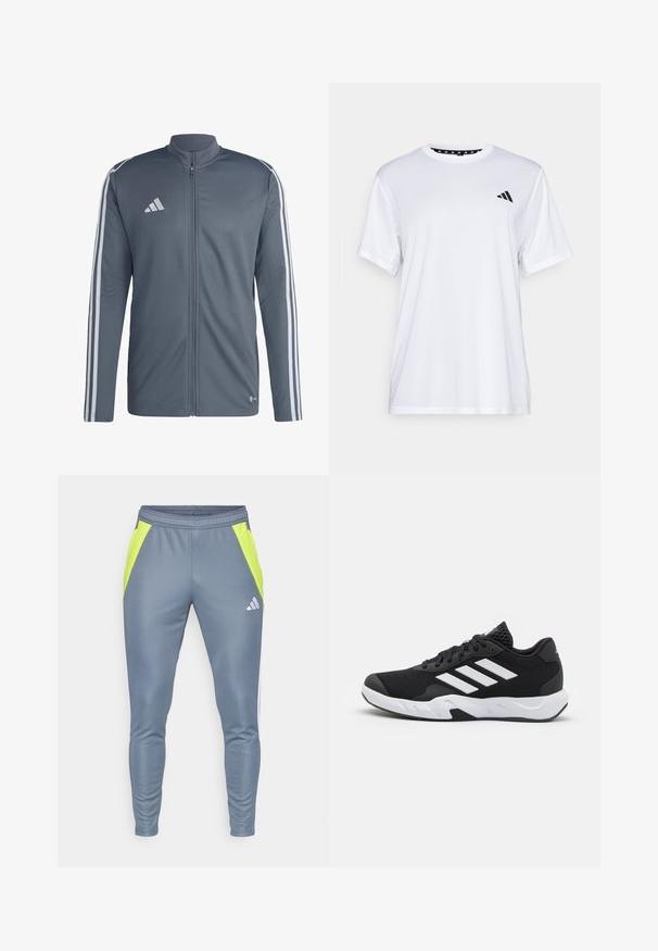 Grijze sportjack gemaakt van polyester. Heeft een volledige rits, hoge kraag en witte strepen op de schouders. Adidas-logo op de borst.; Witte sport T-shirt met korte mouwen, gemaakt van vochtafvoerende stof. Heeft een zwart logo op de linkerkant van de borst en een gemusterde binnenhals.; Grijze sportbroek met neongele zijkleurpanelen, elastische tailleband, taps toelopend ontwerp en een reflecterende logo aan de voorkant.; Zwarte sportieve schoenen met een geperforeerde mesh bovenkant, witte accentstrepen, een gevoerde zool en een versterkte hiel voor extra ondersteuning.