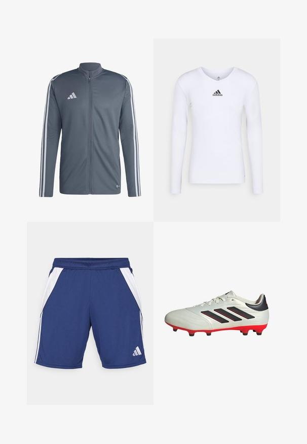 Graue Sportjacke aus Polyester. Hat einen vollständigen Reißverschluss, einen hohen Kragen und weiße Streifen entlang der Schultern. Adidas-Logo auf der Brust.; Langärmliges weißes Sportshirt aus glattem Material mit einem schwarzen Adidas-Logo auf der Brust; V-Ausschnitt-Design und figurbetonte Form.; Navy Sportshorts mit weißen Seitenpanelen, elastischem Bund und Logoplavierung am unteren Saum. Hergestellt aus leichtem, atmungsaktivem Material.; Weißer Fußballschuh mit schwarzen Akzenten und roter Sohle. Verfügt über drei schwarze Streifen an der Seite und ein glattes Obermaterial.