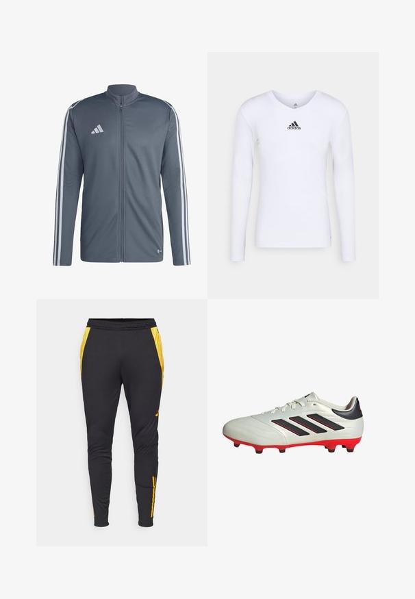 Giacca sportiva grigia realizzata in poliestere. Presenta una chiusura a zip completa, un colletto alto e strisce bianche sulle spalle. Logo Adidas sul petto.; Maglietta atletica bianca a maniche lunghe realizzata in materiale morbido con logo Adidas nero sul petto; design a V e forma aderente.; adidas Performance JAMAICA JFF TRAINING PANT - Leggings - black/semi solar gold; Scarpa da calcio bianca con accenti neri e suola rossa. Presenta tre strisce nere sul lato e una tomaia liscia e testurizzata.
