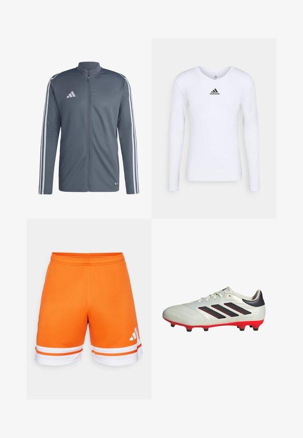 Graue Sportjacke aus Polyester. Hat einen vollständigen Reißverschluss, einen hohen Kragen und weiße Streifen entlang der Schultern. Adidas-Logo auf der Brust.; Langärmliges weißes Sportshirt aus glattem Material mit einem schwarzen Adidas-Logo auf der Brust; V-Ausschnitt-Design und figurbetonte Form.; Orange Sportshorts mit glatter Textur, elastischem Bund und weißen Streifen am Saum. Drei Streifen-Logo in Weiß an der Seite.; Weißer Fußballschuh mit schwarzen Akzenten und roter Sohle. Verfügt über drei schwarze Streifen an der Seite und ein glattes Obermaterial.