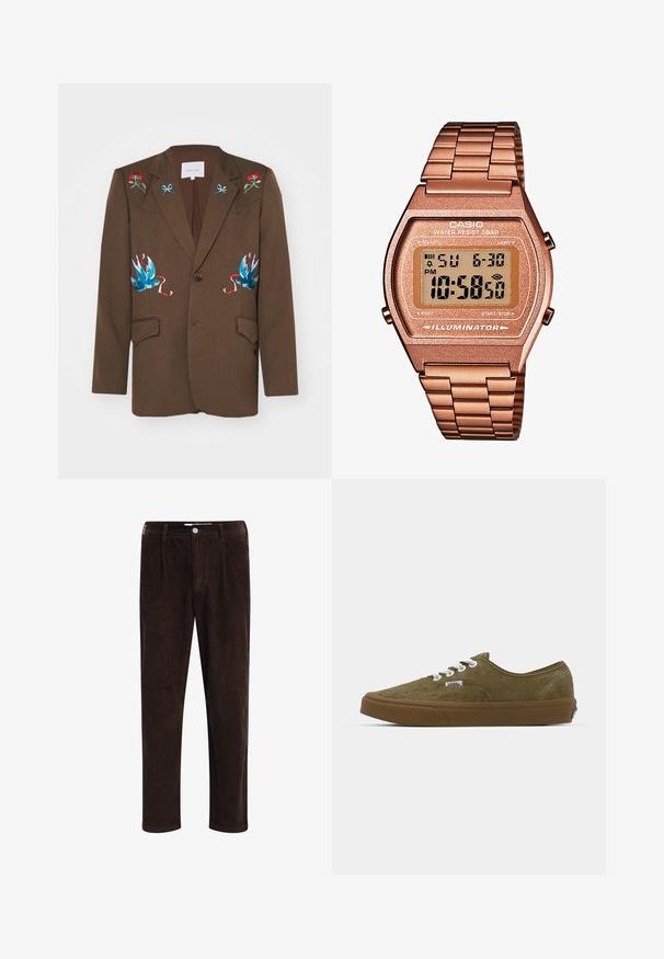 Sister Jane LILIAN EMBROIDERED UNISEX - Blazer - brown; Brown turtleneck sweater made of soft fabric, featuring long sleeves, ribbed cuffs, and a fitted design with no visible patterns.; Redefined Rebel JOHN COMFORT FIT - Trousers - demitasse; Olive green suede sneakers with white laces, rubber brown outsole, low-top design, and stitched detailing along the edges.; Digital Casio watch with a rose gold metal band, rectangular case, illuminated display, and water resistance, showing time and date.