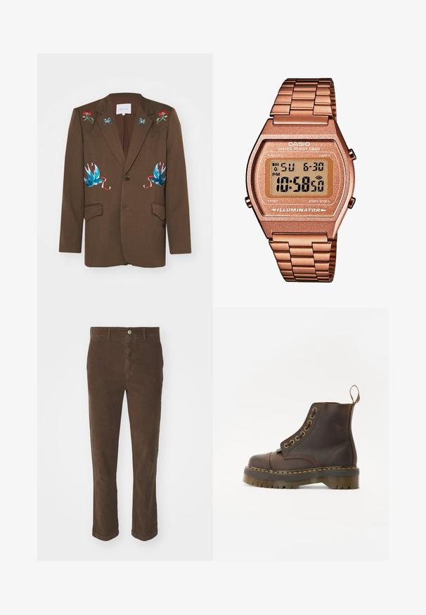 Sister Jane LILIAN EMBROIDERED UNISEX - Bleiseri - brown; Ruskea pusero, jossa on korkea kaulus, pehmeää kangasta, pitkät hihat, ribbaatut hihansuut ja kapea malli ilman näkyviä kuvioita.; Ruske corduroy housut suoran leikkauksen kanssa, joissa on etupainike kiinnitys, kaksi etutaskua ja pehmeä tuntuma.; Ruske nahkasaapad ankliaukolla, pyöreällä kärjellä, kontrastivärisin keltaisin tikkausin, koristeellisin metallisilmukoita ja uritetulla kumipohjalla.; Digitaalinen Casio-kello, jossa on ruusukultainen metalliranneke, suorakaiteen muotoinen kuori, valaistu näyttö ja vedenkestävyys, näyttää ajan ja päivämäärän.