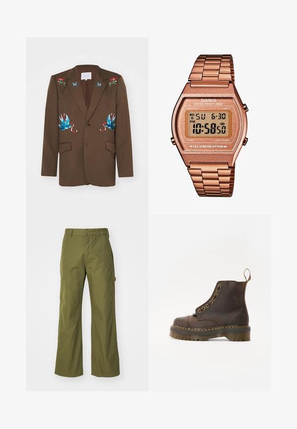 Sister Jane LILIAN EMBROIDERED UNISEX - Blazer - brown; Brun polotröja i mjukt tyg, med långa ärmar, ribbade muddar och en figurnära design utan synliga mönster.; Olivgröna vida byxor tillverkade av slitstarkt tyg, med knappstängning, sidofickor och en rak fålldesign.; Brun läderankelboot med rund tå, kontrasterande gul söm, dekorativa metallhål och en räfflad gummisula.; Digital Casio-klocka med armband i roséguld, rektangulärt hölje, belyst display och vattentålighet, som visar tid och datum.