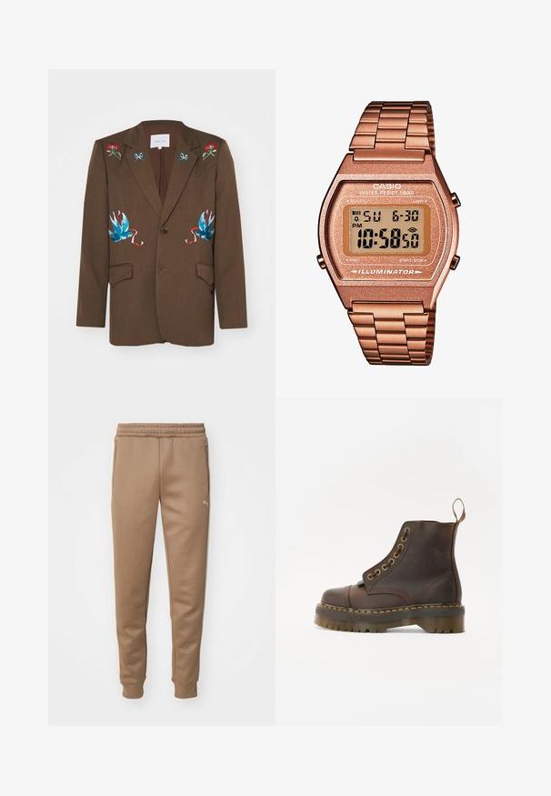 Sister Jane LILIAN EMBROIDERED UNISEX - Blazer - brown; Brown turtleneck sweater made of soft fabric, featuring long sleeves, ribbed cuffs, and a fitted design with no visible patterns.; Brown sweatpants with an elastic waistband, side pockets, and ribbed cuffs. Soft fabric with subtle logo detail on the upper leg.; Brown leather ankle boot with a round toe, contrasting yellow stitching, decorative metal eyelets, and a grooved rubber sole.; Digital Casio watch with a rose gold metal band, rectangular case, illuminated display, and water resistance, showing time and date.