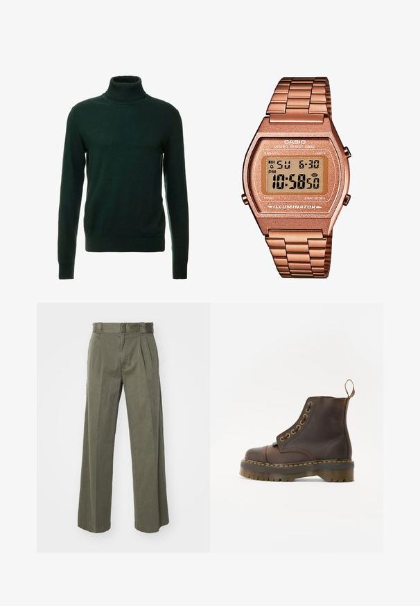 Sister Jane LILIAN EMBROIDERED UNISEX - Blazer - brown; Mørkegrøn turtleneck sweater lavet af et glat strikket stof. Har lange ærmer og en tætsiddende hals. Klassisk design, uden mønstre.; Olivengrønne bukser med en løs, bred ben design og frontfolder. Fremstillet af tekstureret stof med en standard taljebånd og ingen synlige hardware.; Brun læder ankelstøvle med rund tå, kontrasterende gul syning, dekorative metaløjer og en ribbet gummisål.; Digital Casio ur med et roseguld metalarmbånd, rektangulær kasse, oplyst skærm og vandtæthed, som viser tid og dato.
