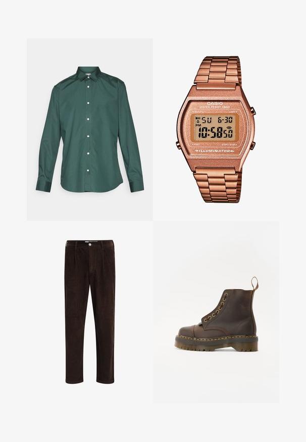 Sister Jane LILIAN EMBROIDERED UNISEX - Blazer - brown; Camicia verde con bottoni, realizzata in un tessuto liscio, caratterizzata da un colletto classico, maniche lunghe e bottoni bianchi lungo la parte anteriore. Nessun motivo.; Redefined Rebel JOHN COMFORT FIT - Pantaloni - demitasse; Stivale alla caviglia in pelle marrone con punta tonda, cuciture gialle a contrasto, occhielli decorativi in metallo e suola in gomma scanalata.; Orologio digitale Casio con cinturino in metallo rosa dorato, cassa rettangolare, display illuminato e resistenza all'acqua, che mostra l'ora e la data.