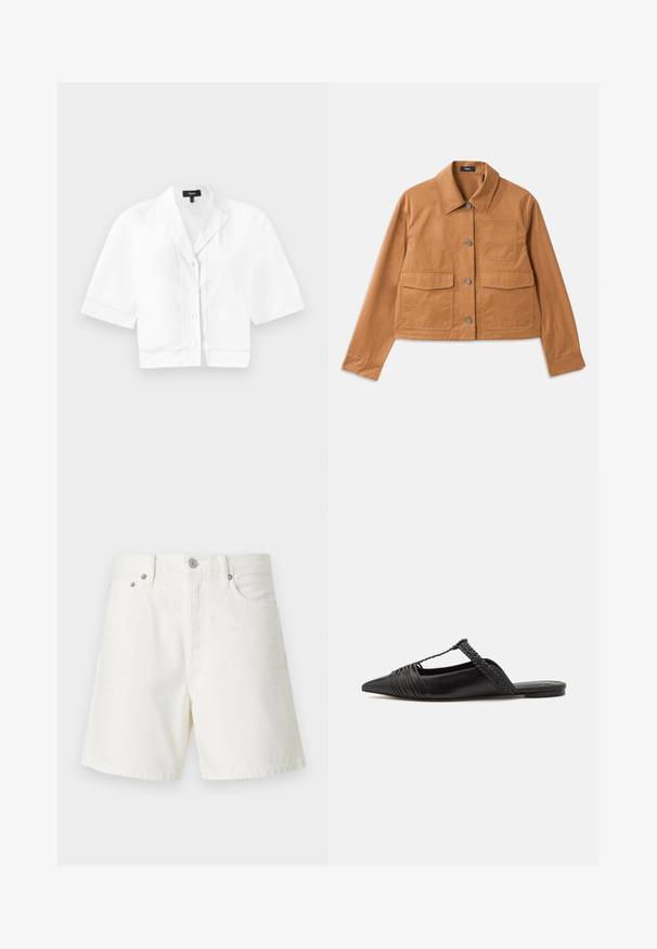 Hnědá zkrácená bunda vyrobená z odolného materiálu, s límečkem, zapínáním na knoflíky, dvěma předními kapsami a strukturovaným povrchem.; Bílá zkrácená košile s krátkým rukávem a klopovým límcem, která má jemný texturovaný steh podél spodního okraje a hladký povrch látky.; Bílé denimové kraťasy se rovný střihem, pětivreckovým designem, zapínáním na tlačítko vpředu, stříbrnými kovovými detaily a prošitím.; Černé kožené slingback boty se špičatou špičkou, s tkaným akcentem a plisovaným designem svršku. Plochá podešev s minimálním kovovým zapínáním.