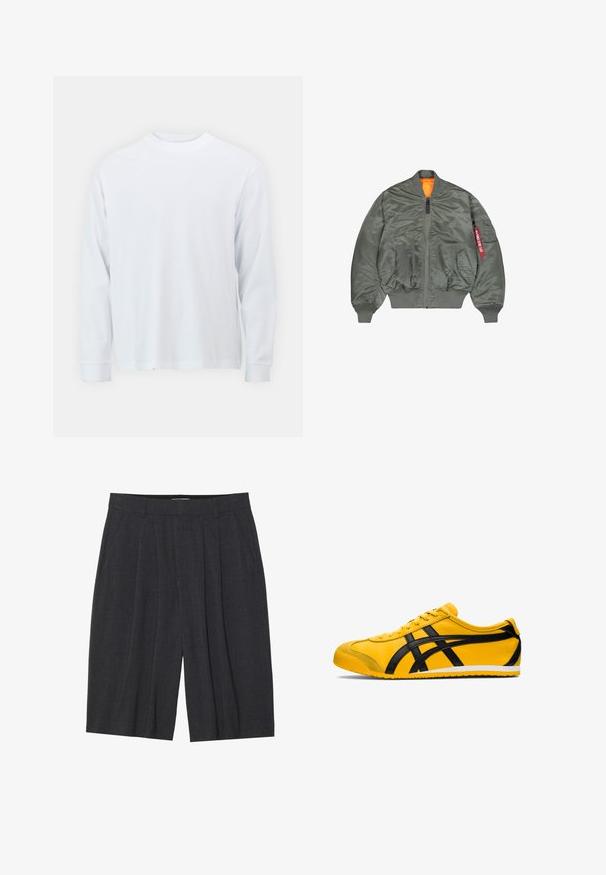 Green bomber jacket with ribbed cuffs and hem, front zipper, two front snap pockets, orange inner lining, and zipped sleeve pocket with a red tag.; Long-sleeve white t-shirt made of cotton, featuring a crew neckline and straight hem. Smooth texture, simple design without patterns or accents.; Dark grey pleated shorts made from textured fabric, featuring a waistband and a straight-leg cut, with no visible pockets or detailing.; Yellow athletic shoe with black accents, smooth leather texture, curved design, round toe, flat white sole, and prominent branding on the side.