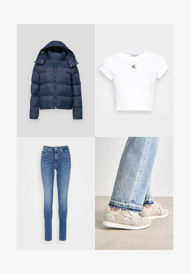 Tummansininen untuvatakki, jossa on vetoketju, irrotettava huppu ja tikattu muotoilu. Vasemmassa rinnassa logo ja nappikiinnityksellä varustettuja yksityiskohtia.; Valkoinen lyhythihainen t-paita, joka on valmistettu ribbatusta kankaasta. Siinä on pyöreä pääntie ja lyhyet hihat. Rinnan alueella musta kirjailtu "cK"-logo.; Kapeet siniset skinny-farkut, joissa on korkea vyötärö, sileä pinta, kaksi etutaskua ja yksi takatasku.; Calvin Klein Jeans RUNNER - Matalavartiset tennarit - eggshell/whisper pink
