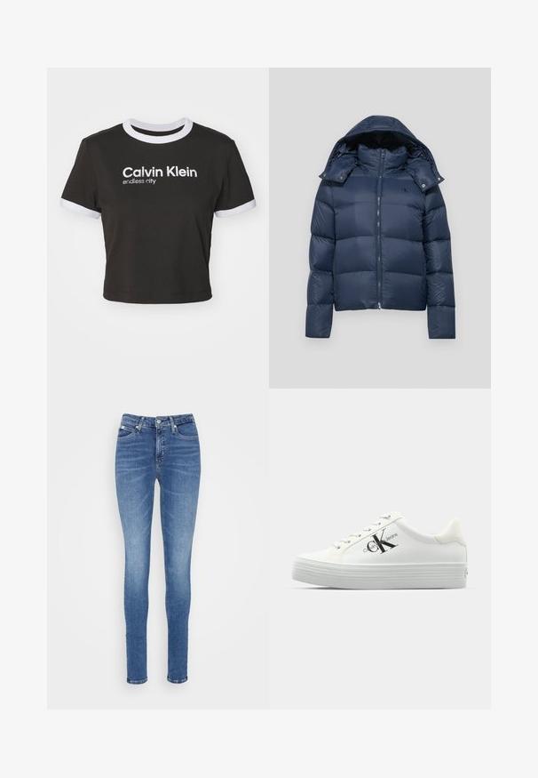 Tumši zilas krāsas pūkainais jakas ar rāvējslēdzēju, noņemamu kapuci un kvadrātsalikumos. Iekļauj logo kreisajā krūtīs un snap-button akcentus.; Izgriezts melns T-krekls ar baltu ringer apkakli un piedurkņu akcentiem. Uzdrukāti vārdi "Calvin Klein" un "endless city" baltā krāsā. Mīksts kokvilnas materiāls.; Šauri džinsi vidēji zila džinsa audumā, kas iezīmējas ar augstu jostasvietu, gludu tekstūru, divām frontālām kabatām un vienu aizmugurējo kabatu.; Baltās platformas kedas ar gludu sintētisku augšdaļu, tonalitātes auklām un melnu logo. Paaugstinātā gumijas zole ir aprīkota ar horizontālām rievām, lai nodrošinātu saķeri.