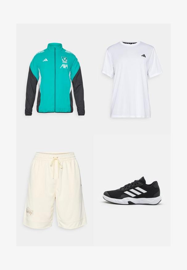 Αθλητικό μπουφάν Adidas με φερμουάρ, που διαθέτει μπροστινό τμήμα σε τιρκουάζ χρώμα, μαύρα μανίκια, λευκές λεπτομέρειες στα πλάγια και το λογότυπο της Liverpool FC με σήμα AXA.; Λευκό αθλητικό μπλουζάκι με κοντά μανίκια, κατασκευασμένο από ύφασμα που απορροφά την υγρασία. Διαθέτει μαύρο λογότυπο στην αριστερή πλευρά του στήθους και μοτίβο στη εσωτερική γραμμή του λαιμού.; Αθλητικά σορτς σε κρέμα απόχρωση με λάστιχο στη μέση και κορδόνι. Διαθέτει υφασμάτινη υφή και κομμένο λογότυπο "Los Angeles Lakers".; Μαύρα αθλητικά παπούτσια με υφασμάτινη άνω επιφάνεια κώνου, λευκές διακοσμητικές ρίγες, μαξιλαρωτή σόλα και ενισχυμένη φτέρνα για στήριξη.