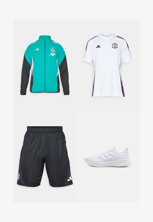 Chaqueta con cremallera de Adidas que presenta un frente turquesa, mangas negras, acentos laterales blancos y el logo del Liverpool FC con la marca AXA.; Camisa deportiva de manga corta blanca con acentos laterales en negro y morado, que presenta el logo del Manchester United y tres rayas negras en los hombros.; Shorts deportivos negros hechos de material ligero. Cuentan con una cinturilla elástica, bolsillos laterales y el logo blanco de adidas en la parte inferior derecha.; Zapatillas deportivas blancas con una parte superior de malla texturizada, suela acolchada y soporte, y un diseño de tres rayas en el lateral.