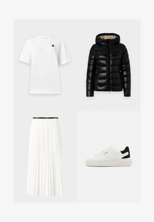 Giacca a vento nera con cappuccio, chiusura con zip e due tasche laterali. Tessuto morbido e lucido con imbottitura orizzontale cucita.; T-shirt bianco a maniche corte con una piccola grafica nera nell'area del petto sinistro, su uno sfondo chiaro e semplice.; Gonna bianca plissettata con elastico nero in vita che presenta il logo "LACOSTE". Design di lunghezza media con texture morbida.; Sneaker bianchi in pelle con suola spessa bianca, accento in suede nero sul tallone e logo impresso sul lato. Design con lacci e sei fori per i lacci.