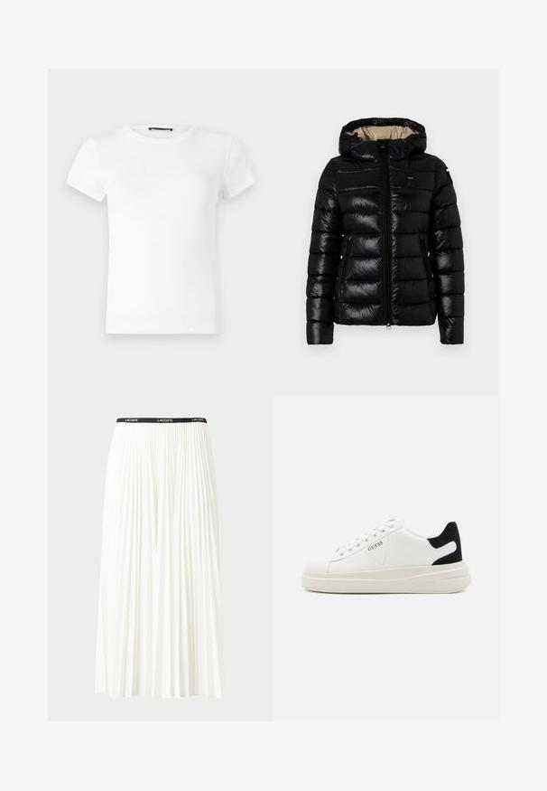Zwarte pufferjas met een capuchon, ritsluiting en twee zijzakken. Glad, glanzend materiaal met gestikte horizontale vulling.; Witte t-shirt met korte mouwen, gemaakt van ribbelkatoen. Heeft een ronde halslijn en een getailleerd ontwerp met een soepele textuur.; Plisséminirok in het wit met een zwarte elastische tailleband met het "LACOSTE"-logo. Middellange ontwerp met een zachte textuur.; Witte leren sneakers met een dikke witte zool, zwarte suède hielaccent en een geperst logo op de zijkant. Vetersluiting met zes oogjes.