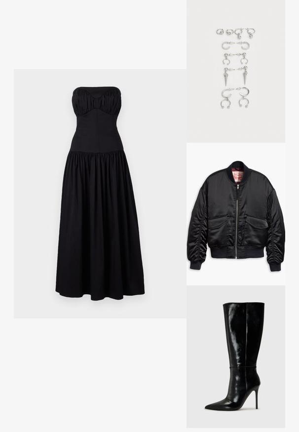 Črna bomber jakna iz gladkega satenastega materiala s skrajšano obliko, z rebrastimi manšetami in robom, dvema sprednjima žepoma ter zadrgo za zapiranje.; Črna brez naramnic maxi obleka s prilegajočim telesom in nabranim krilom. Narejena je iz gladkega materiala, vsebuje srčasto izrez in gube.; Črne usnjene škornje do kolen s koničastim nosom in visokim stiletto peto. Gladka tekstura in eleganten dizajn, ki vključuje minimalne detajle.; Komplet srebrnih ušesnih uhani z različnimi oblikami: obroči, stud earrings in viseči slogi, z okroglimi poudarki in koničnimi elementi.