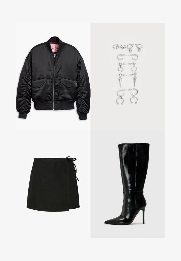 Melna bomber jaka no gludas satīna ar īsu dizainu, ar ribveida aprocēm un apakšmalu, divām priekšējām kabatām un rāvējslēdzēja aizdari.; Melnā īsroku T-krekls, izgatavots no mīksta kokvilnas. Raksturo apaļa kakla izgriezuma un pieguļoša silueta ar minimālām šuvju detaļām.; Melna kokvilnas aplokšņu svārki ar saites aizdari, taisnas formas un apmales līdz vidusceļgala. Piedāvā gludu tekstūru un minimālistisku dizainu.; Melnas ādas zābaki līdz ceļiem ar smailu purngali un augstu stiletto papēdi. Gluda tekstūra un elegants dizains, ar minimālu dekoru.; Sudraba auskaru komplekts ar dažādiem dizainiem: riņķi, studē un karājoši stili, ar bumbu akcentiem un izliektiem elementiem.