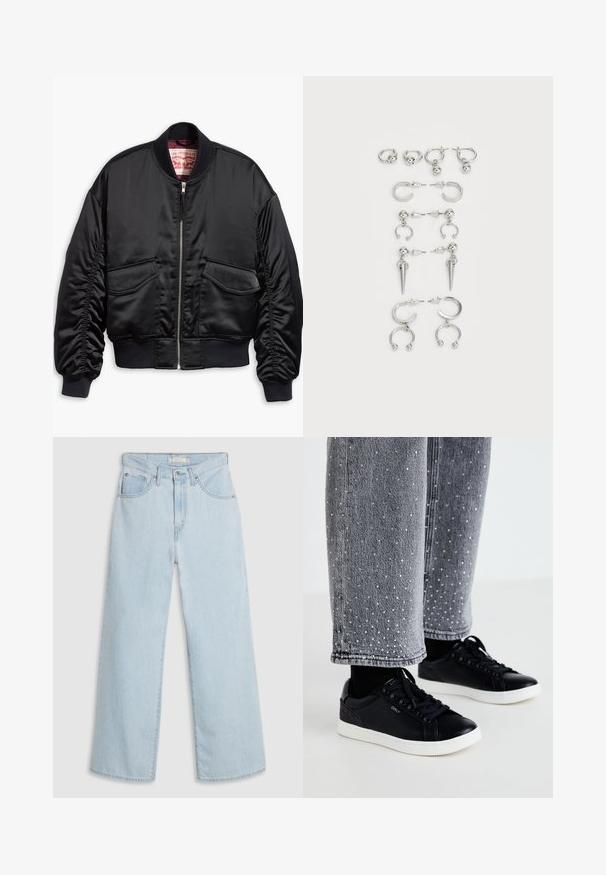 Czarna bomberka wykonana z gładkiego satynu o krótkim kroju, z ściągaczami na mankietach i dole, dwoma przednimi kieszeniami oraz zapięciem na zamek.; Czarna koszulka z krótkim rękawem wykonana z miękkiej bawełny. Posiada okrągły dekolt i dopasowany krój z minimalnymi detalami przeszyć.; Jasnoniebieskie dżinsy z szerokimi nogawkami i wysokim stanem, zapinane na guzik i zamek błyskawiczny, z podwójnymi przednimi kieszeniami i subtelnymi detalami szwów.; Czarne skórzane trampki z białymi gumowymi podeszwami i teksturowanymi akcentami. Połączone z szarymi dżinsami ozdobionymi srebrnymi kropkami.; Zestaw srebrnych kolczyków z różnymi wzorami: kółka, sztyfty i wiszące style, z kulistymi akcentami i spiczastymi elementami.