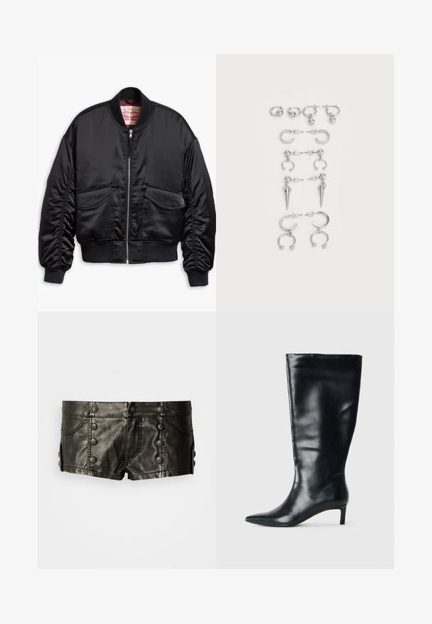 Juoda bomber stiliaus striukė iš glotnaus satino su trumpu kirpimu, su megztais rankogaliais ir apačia, dviem priekinėmis kišenėmis ir užtrauktuku.; Juoda trumpa rankovė T-marškiniai su apvaliu kraštu ir raglan rankovėmis. Pirmoje pusėje puošniai išdėstyti "Juicy" tekstai, padengti rhinestones akmenukais.; Juodos odos žemai kirstos šortai su dekoratyviniais metaliniais mygtukais priekiniame ir šoniniame paviršiuose, su priekinių kišenių ir siūlių detalėmis.; Juodos odinės iki kelių ilgio botai su smailiu pirštu ir žemu kitten kulnu ant vientiso šviesaus fono.; Sidabro auskarų rinkinys, kuriame yra įvairių dizainų: žiedai, studai ir kabančios stiliai, su rutuliukų akcentais ir smailiais elementais.