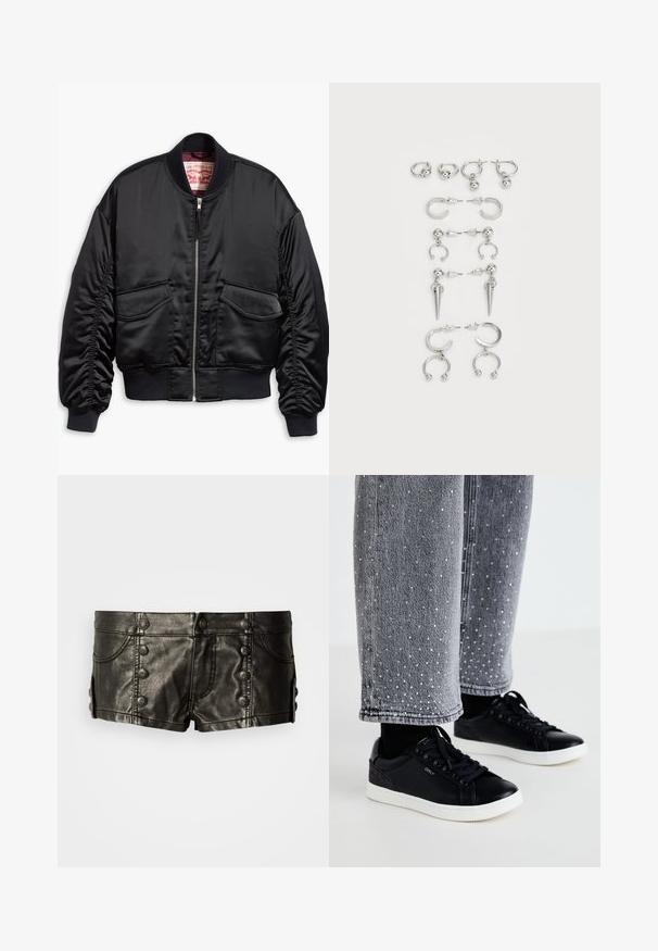 Black bomber jacket made of smooth satin with a cropped design, featuring ribbed cuffs and hem, two front pockets, and a zip closure.; Black short-sleeve T-shirt with a rounded hem and raglan sleeves. Features embellished "Juicy" text in rhinestones on the front.; Black leather low-rise shorts with decorative metal buttons on front and sides, featuring front pockets and stitching details.; Black leather sneakers with white rubber soles and textured accents. Paired with gray denim jeans detailed with embellished silver dots.; Set of silver earrings featuring various designs: hoops, studs, and dangling styles, with ball accents and pointed elements.
