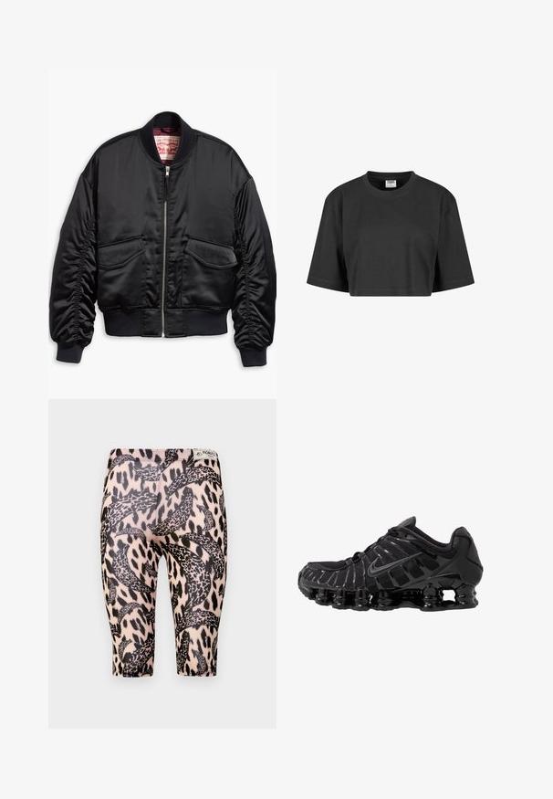 Giacca bomber nera in satin liscio con design corto, polsini e orlo a costine, due tasche frontali e chiusura con zip.; T-shirt nera tagliata, realizzata in cotone, con una vestibilità rilassata, maniche corte e colletto a girocollo a coste. Nessun motivo o dettaglio visibile.; Leggings neri e beige con un motivo leopardato e pattern curvi. Realizzati in materiale elastico, progettati per comfort e vestibilità.; Scarpa sportiva nera con tomaia in mesh e sovrapposizioni lucide. Presenta un'imbottitura a molla curva e linee texturizzate sul lato. Logo Nike visibile.