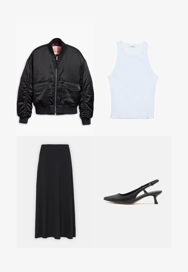 Schwarze Bomberjacke aus glattem Satin mit kurzem Schnitt, ausgestattet mit gerippten Bündchen und Saum, zwei Fronttaschen und einem Reißverschluss.; Weißes Tanktop, gerippte Textur, runder Ausschnitt, ärmelloses Design, enganliegende Form, dezente Markenkennzeichnung im Etikett im Kragenbereich.; Maxi-Rock in schlichten Schwarz. Ausgestellte Form mit glatter Textur und elastischem Bund. Keine sichtbaren Muster oder Akzente.; Schwarzer Leder-Slingback-Schuh mit spitzem Zehenbereich, niedrigem Blockabsatz, ausgeschnittenem Seitendetail und verstellbarem Knöchelriemen. Glatte Textur über das gesamte Design.