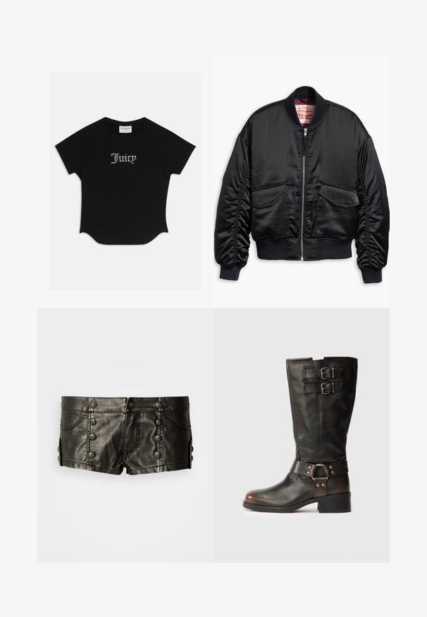 Černá bomber bunda z hladkého saténu s krátkým střihem, vybavená žebrovanými manžetami a lemem, dvěma předními kapsami a zipovým zapínáním.; Černé tričko s krátkým rukávem a zaobleným lemem, raglánové rukávy. Na přední straně zdobený nápis "Juicy" z kamínků.; Černé kožené šortky s nízkým pasem, zdobené kovovými knoflíky vpředu a po stranách, s předními kapsami a štepováním.; Černá kožená kotníková bota do poloviny lýtek s dvěma přezkami blízko vršku a páskem s kovovým kroužkem kolem kotníku na bílém pozadí.