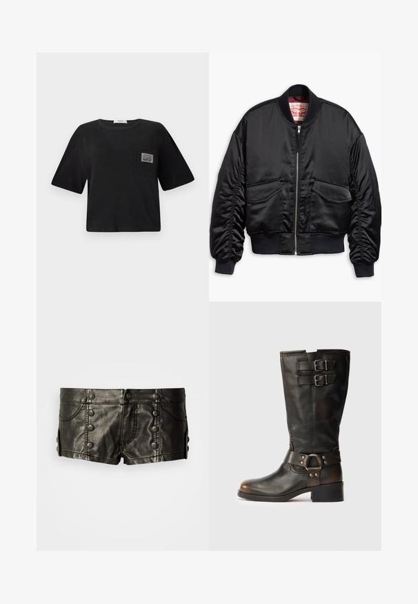Mustast siidist siledast satiinist bomber-jakk lühendatud lõikega, millel on soonikkoes mansetid ja alumine serv, kaks eesmist taskut ning tõmblukuga kinnis.; Must.have must.kohandatud t-särk, mis on valmistatud puuvillast, ringja kaeluse ja lühikeste varrukatega. Sisaldab patšokotti koos "REPLAY" sildiga.; Mustad nahast madala vöökohaga lühikesed püksid, millel esiküljel ja külgedel dekoratiivsed metallist nupud, esitaskud ja õmbluse detailsed.; Mustmust musta,Kõrge must nahast saabas, millel on kaks nööri ülaosas ja metallist rõngast detail ankle'i ümber, valgel taustal.