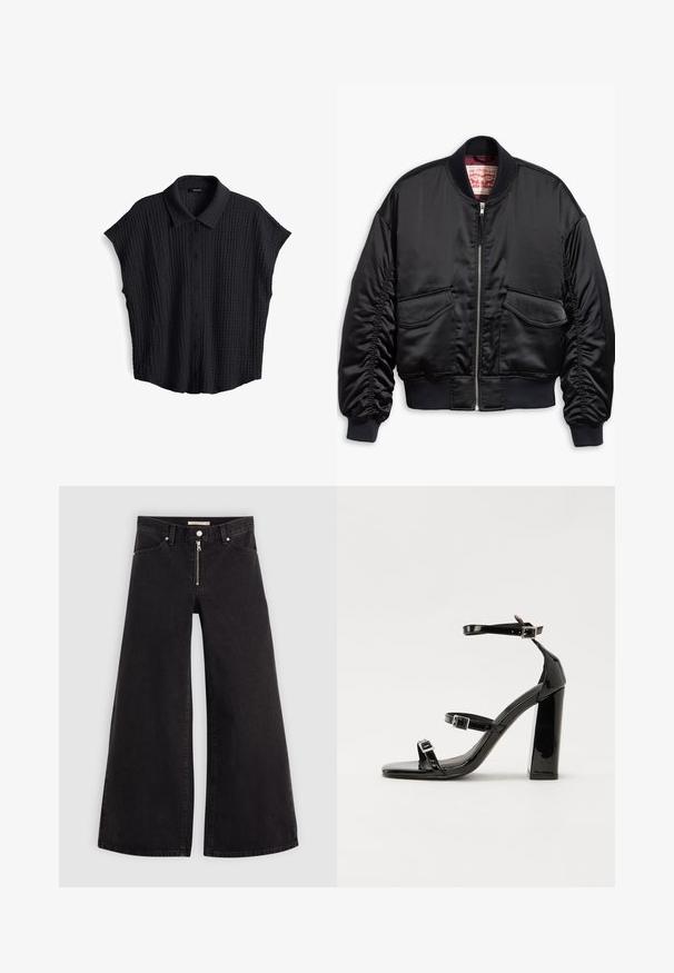 Zwarte bomberjack van glad satijn met een cropped ontwerp, voorzien van geribbelde manchetten en zoom, twee steekzakken aan de voorkant en een ritsluiting.; Zwarte T-shirt met korte mouwen, gemaakt van een gestructureerde stof, met een knoopsluiting aan de voorkant en een kraag. Heeft een relaxte pasvorm en een subtiel geribbeld patroon over de stof.; Wijdvallende jeans van zwarte denim met een ritssluiting aan de voorkant, vijf zakken en subtiele stikdetails. Soepele textuur en casual stijl.; Zwarte gepatenteerde sandalen met hak en een vierkante neus, enkelbandjes en zilveren gespen. Heeft een stevige blokhak voor stabiliteit.
